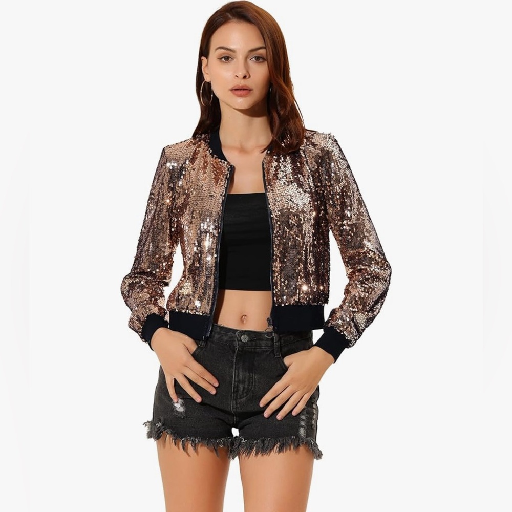 Allegra K | Rose Gold Sequin Zip Bomber Jacket | XS